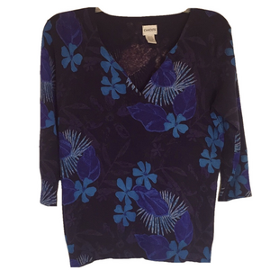 CHICO’S Sz 2 SILK BLEND Pit to Pit 20 1/2"  Floral Blue pullover Soft Preworn